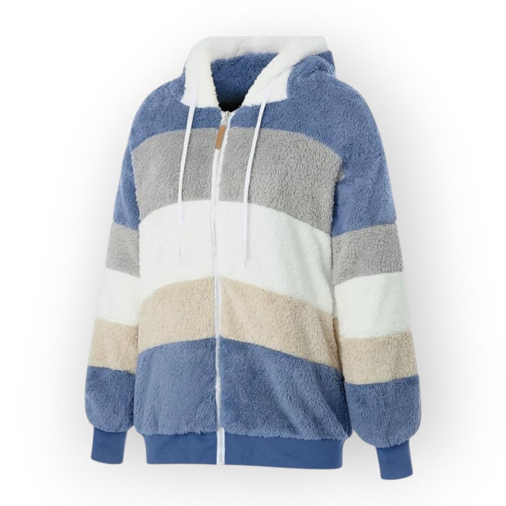 Sheshow Plush Hooded Zip Jacket Blue Stripe Fleece Pocket NWT XL Cozy Casual